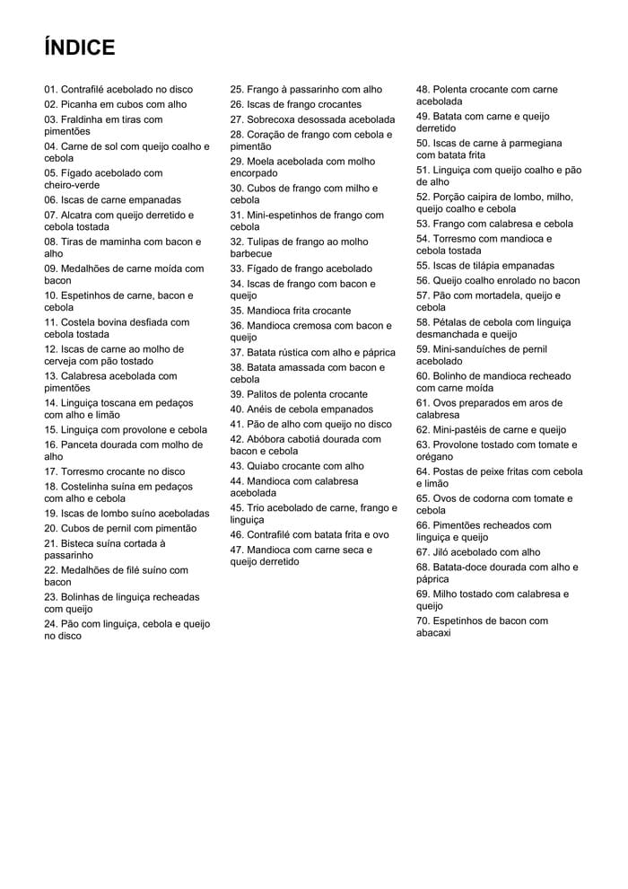 Índice com as 70 receitas de petiscos e porções no disco de arado